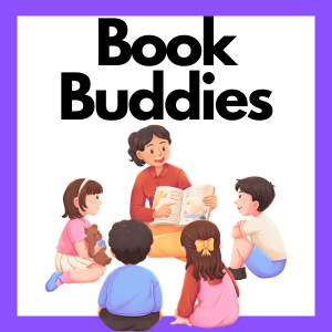Book Buddies. A picture of a teen reading to children.