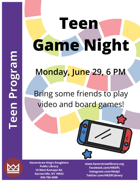 teen game night. monday 29 at 6 pm. bring some friends to play video and board games. teens
