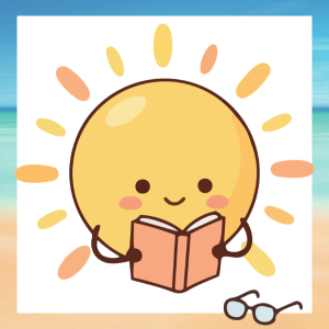 Cartoon picture of a sun reading a book with a pair of glasses to the side